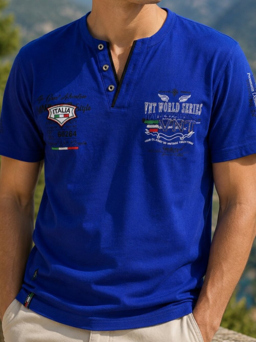 Violento Sports Wear Men's Polo Henley Shirt Blue World Series Italia Milano Y2K